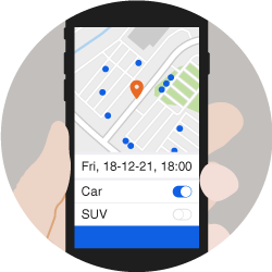 Car reservation mobile app showing nearby vehicles based on time and vehicle preference