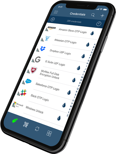Smartphone that locally stores login and 2FA information for Amazon, Atlassian, Dropbox, Google G Suite, McAfee, Salesforce, Slack, Windows, and other services.