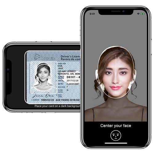 Un iPhone qui scanne un permis de conduire et prend un selfie.