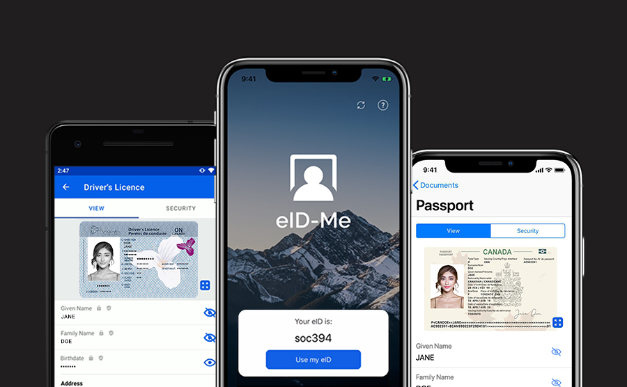 Digital identity mobile app with a driver's licence on an Android phone and a passport on an iPhone