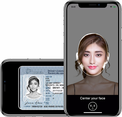 A mobile phone scanning an ID card and a mobile phone taking a selfie photo with fraud detection.