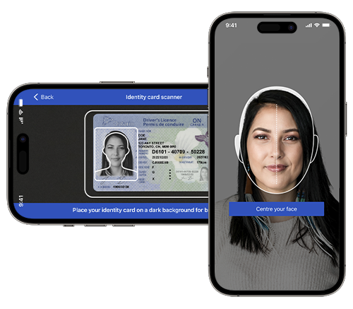 Un téléphone mobile scannant une carte d'identité et prenant une photo selfie avec détection de fraude
