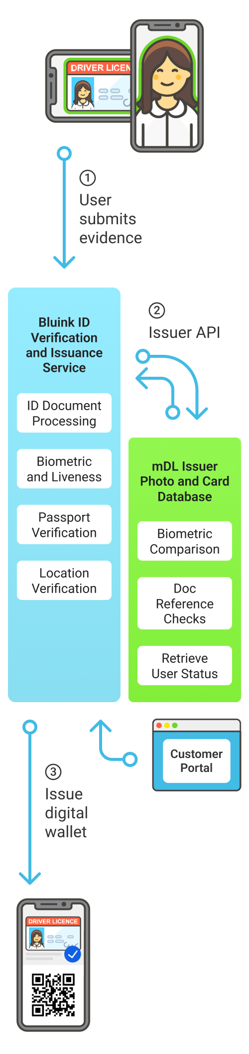 A user applying for a mobile driver’s licence by scanning their driver’s licence, taking a selfie, and submitting for verification.