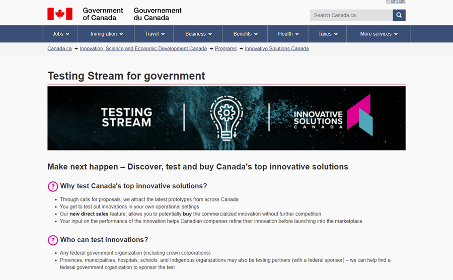 Innovative Solutions Canada's Testing Streams website