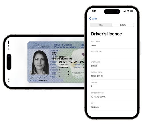 A mobile phone with a mobile driver’s licence ID card and information.