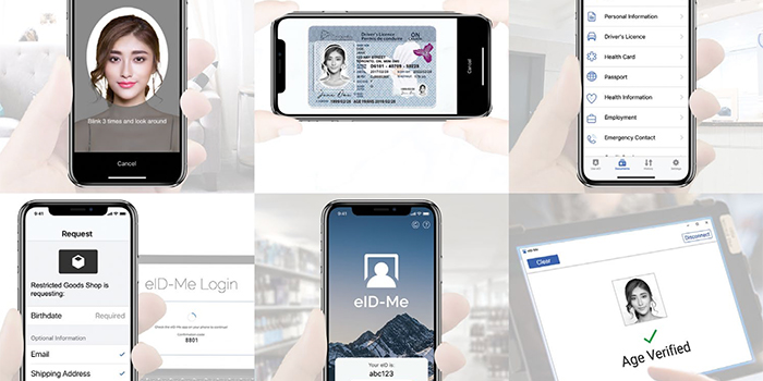 Multiple images showing the eID-Me smartphone app being used to verify and user's identity with selfie and ID card scanning.